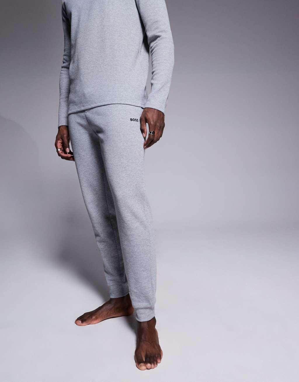 BOSS Bodywear Waffle logo cuffed sweatpants in gray - part of a set Product Image