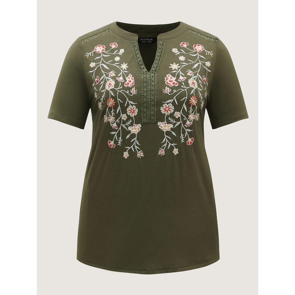 Plus Size Floral Embroidery Lace Trim T-Shirt ArmyGreen Women Leisure Woven ribbon&lace trim Flat collar with V-notch Casual T-shirts BloomChic 22-24/3X Product Image