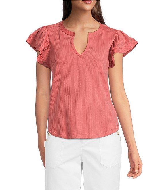 Democracy Mix-Media Split V-Neck Cap Sleeve Shirttail Hem Knit Top Product Image