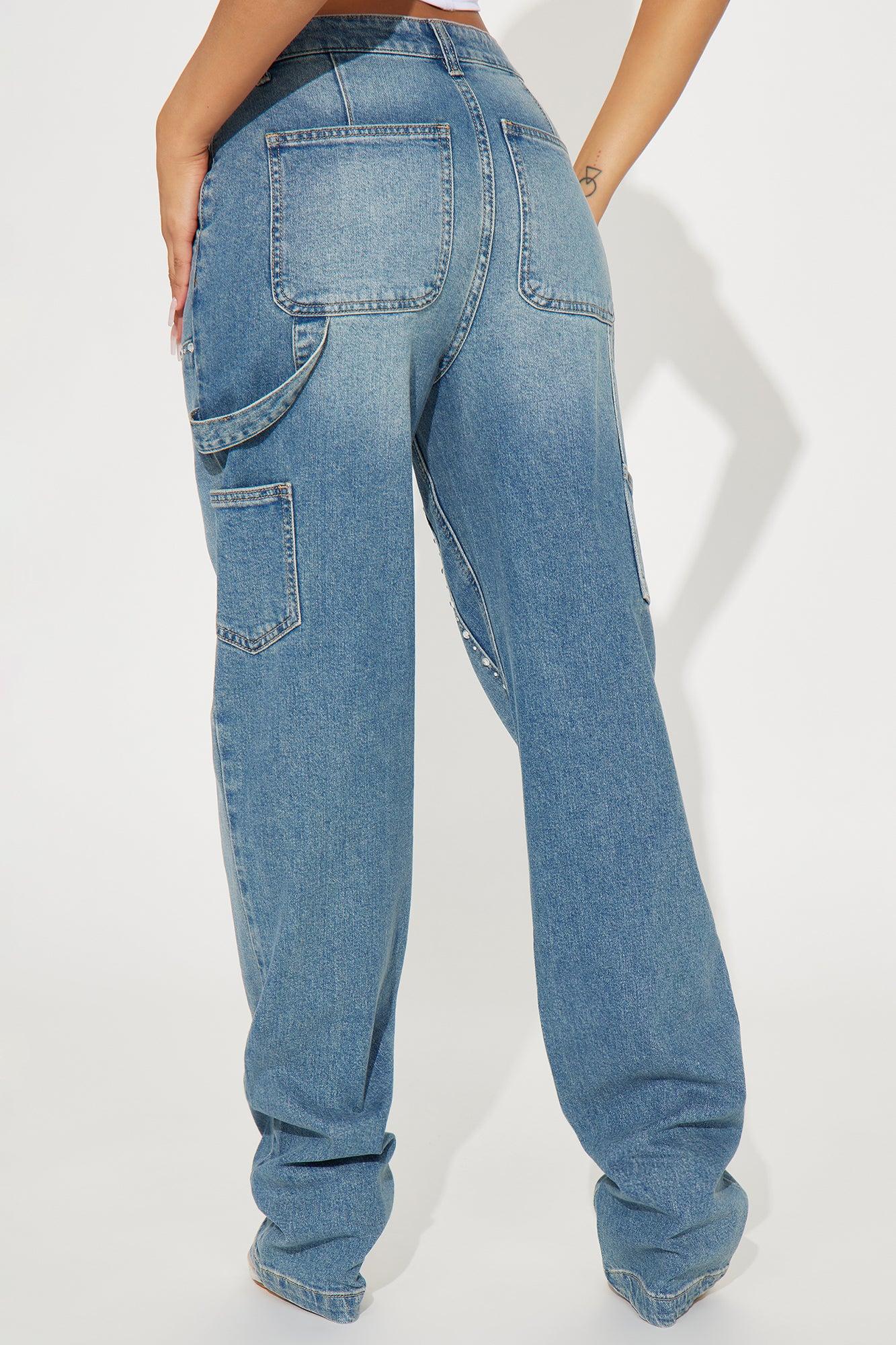 Star Studded Embellished Straight Leg Carpenter Jeans - Medium Wash Product Image