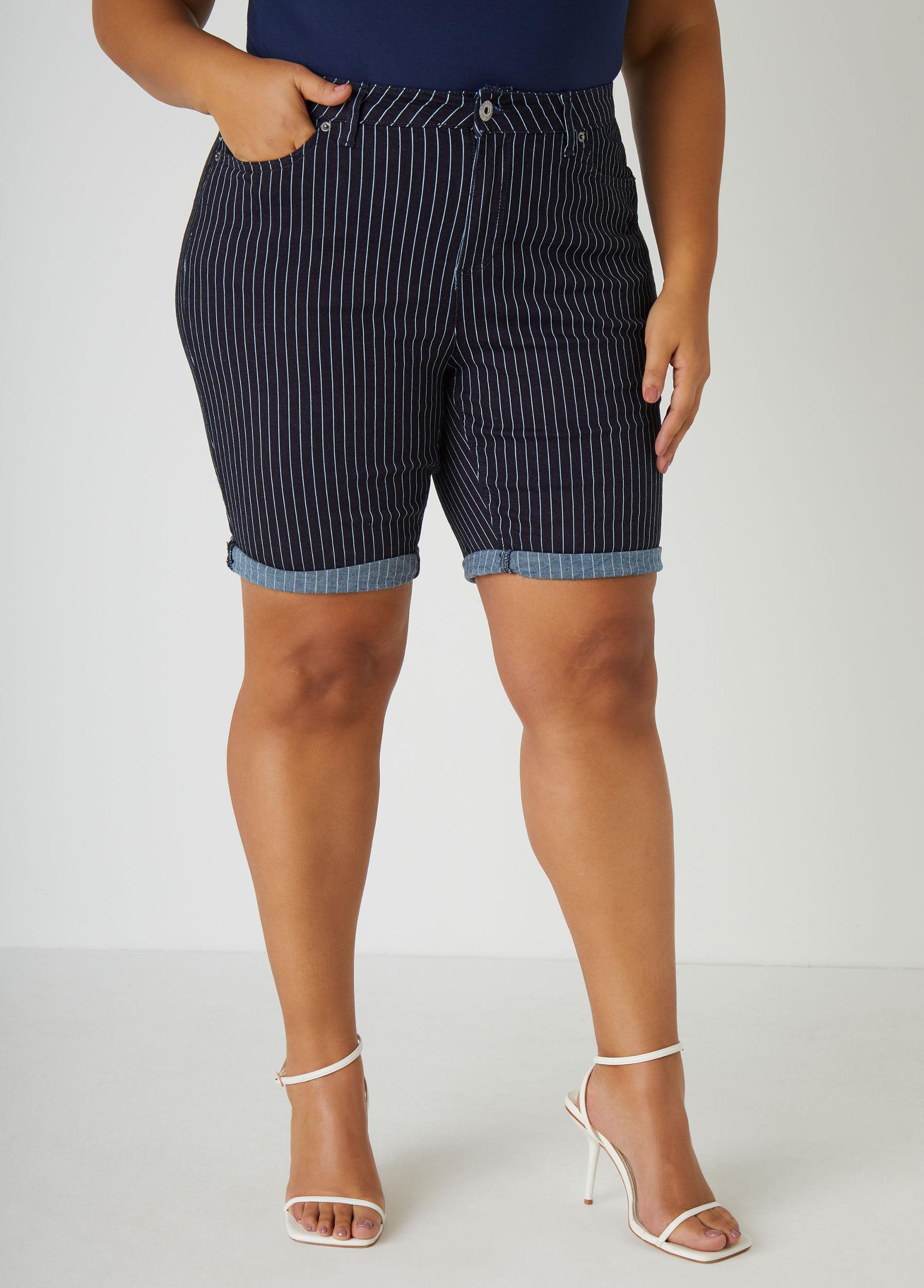 Cuffed Pinstriped Denim Shorts Product Image