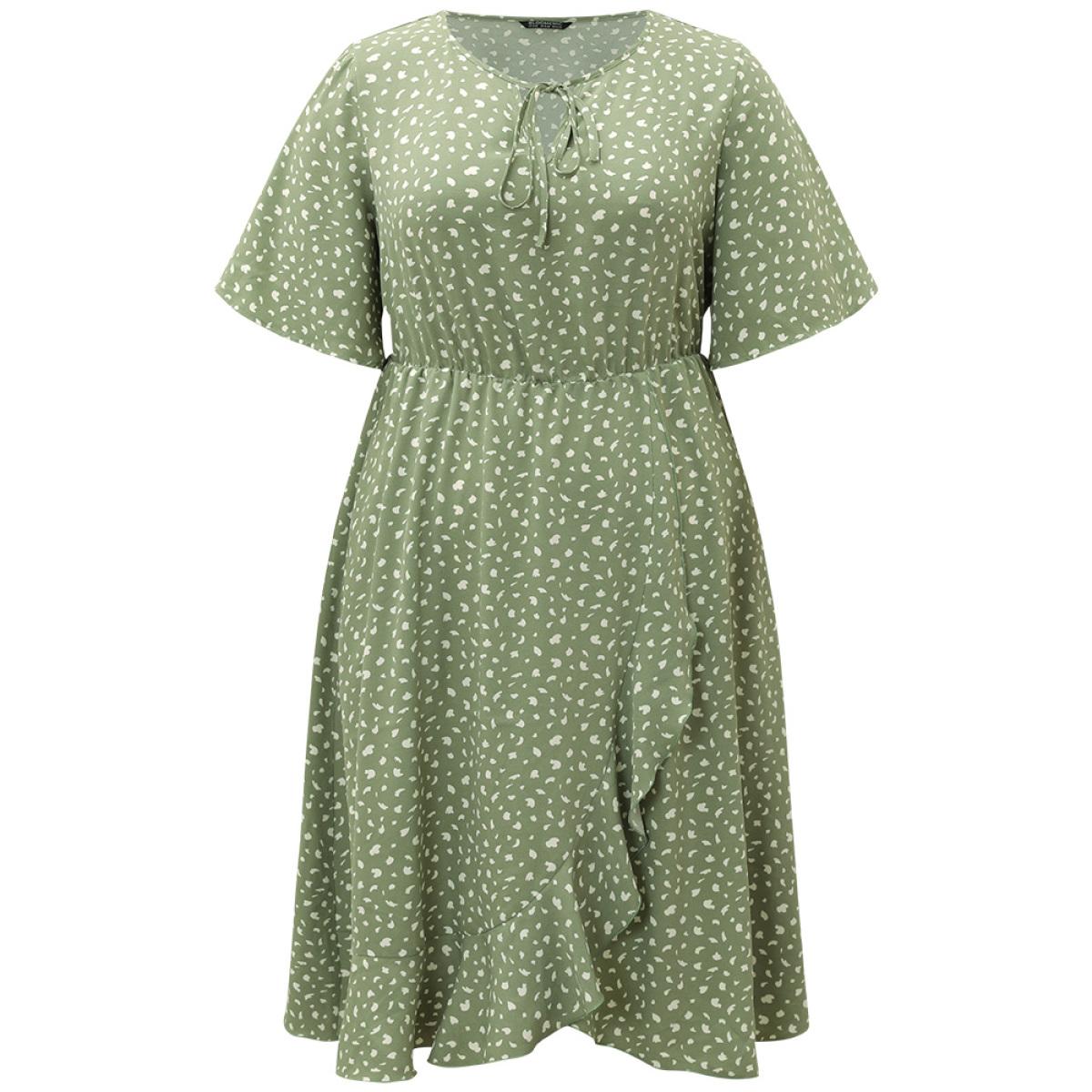 Plus Size Leopard Print Pocket Knot Neck Flutter Trim Dress Sage Women Office Cross straps Notched collar Short sleeve Curvy Midi Dress BloomChic 18-20/2X Product Image