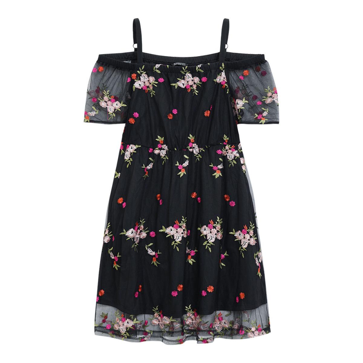 Plus Size Floral Embroidered Cold Shoulder Mesh Cami Dress Black Women Glamour Lined Spaghetti Strap Short sleeve Curvy Knee Dress BloomChic 30/6X Product Image