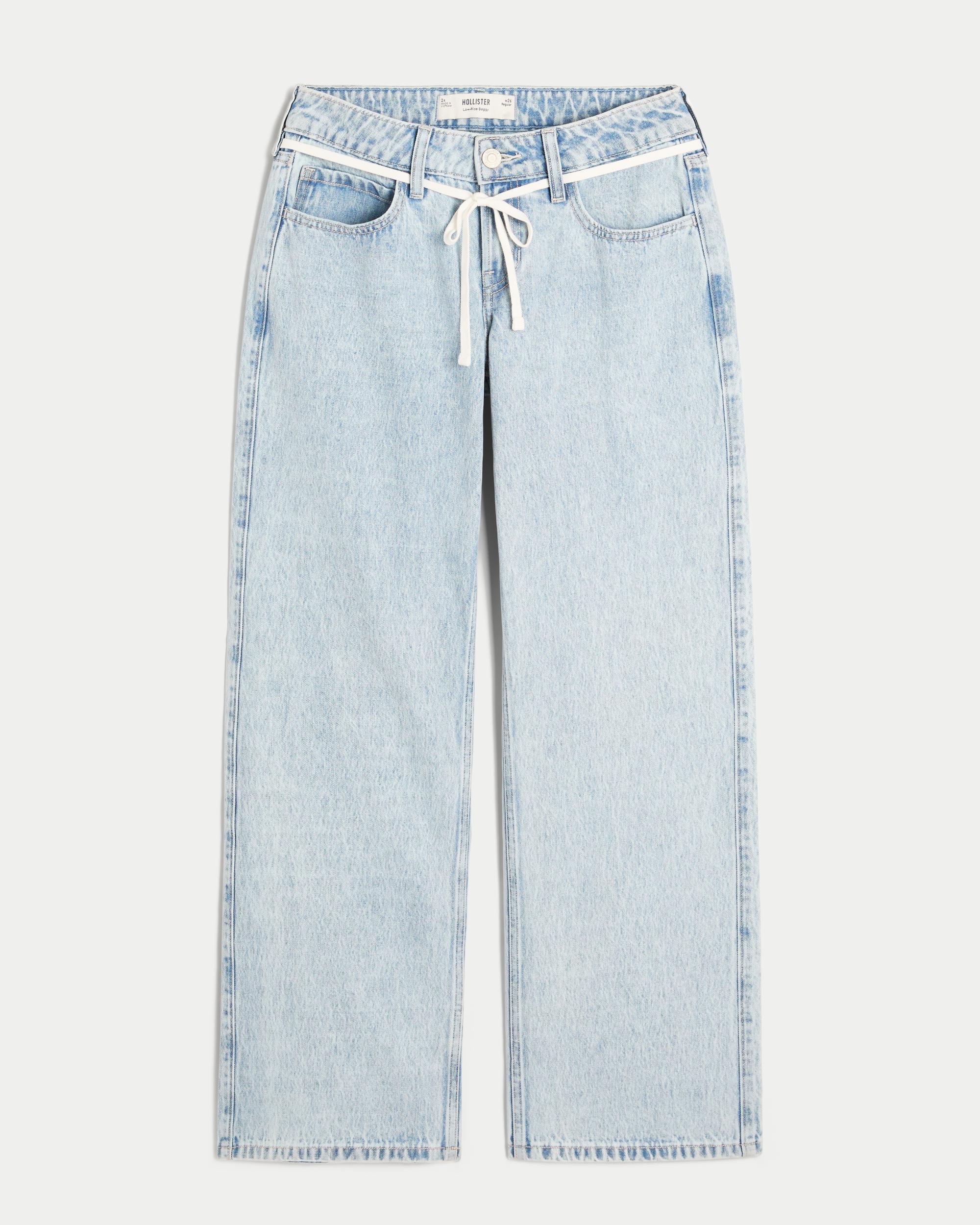 Low-Rise Light Wash Tie-Waist Baggy Jeans Product Image