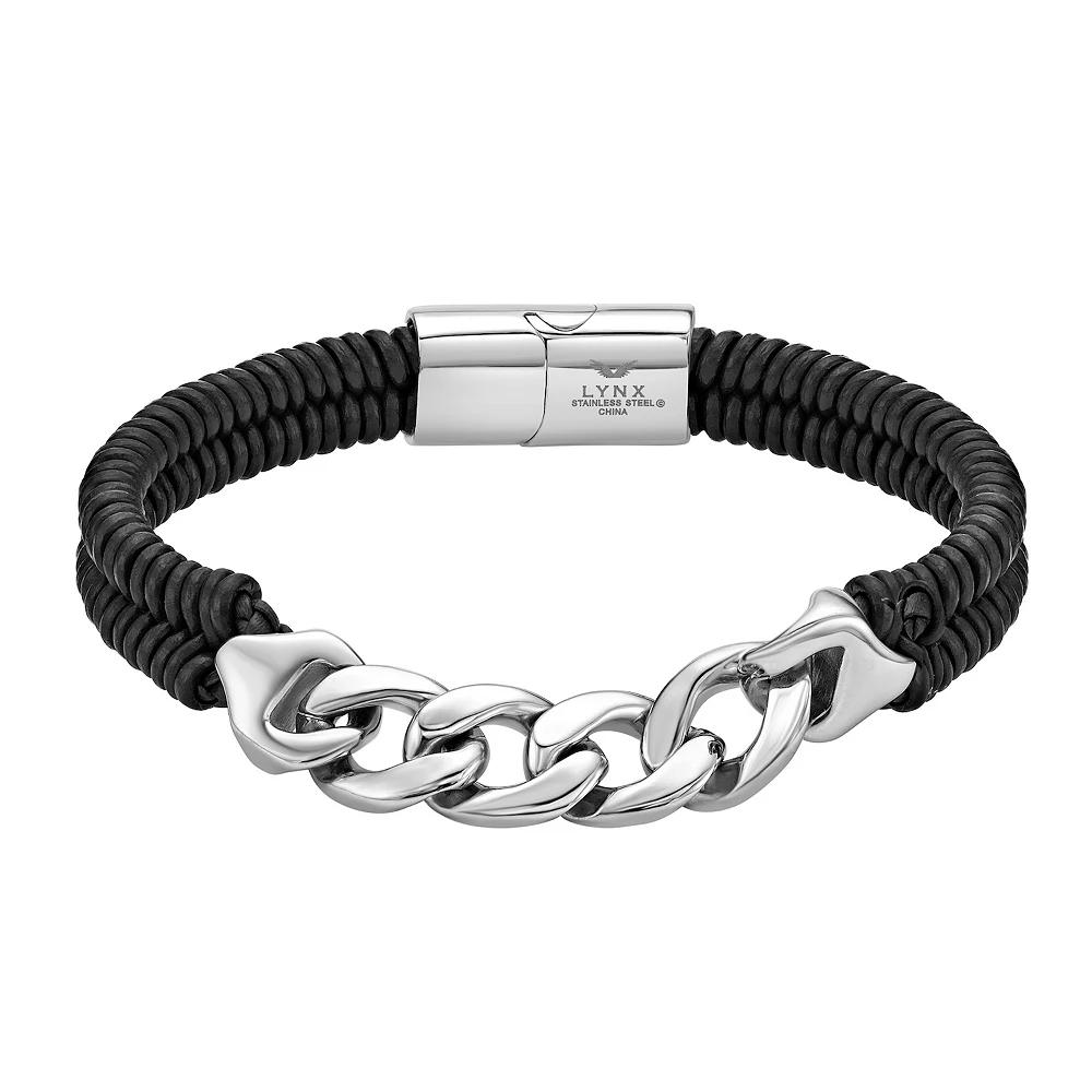 LYNX Men's Stainless Steel Curb Chain & Black Leather Bracelet, Size: 8.5" Product Image