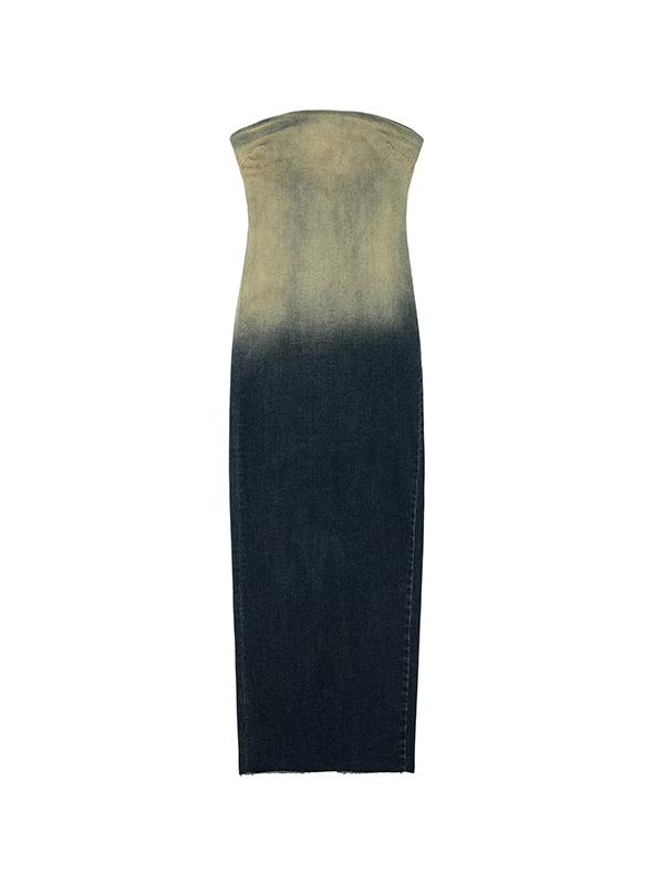 Back Zip Up Bandeau Denim Maxi Dress Product Image