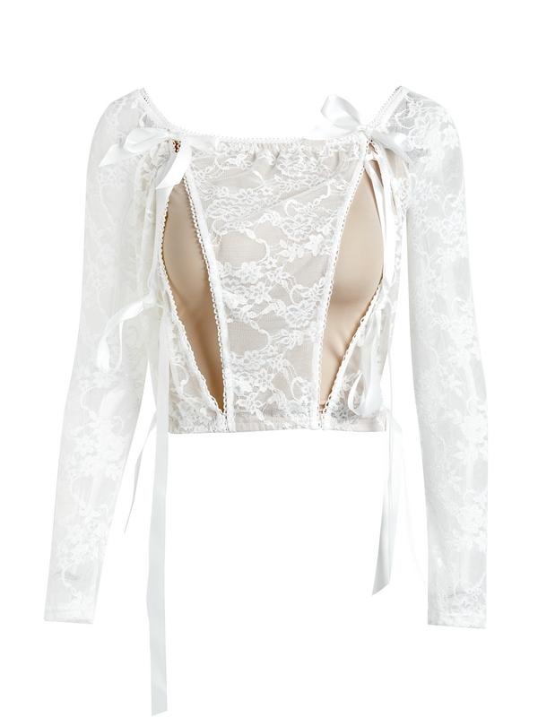 Lace Off Shoulder Tie Front Long Sleeve Tee & Tiered Skirt Set Product Image