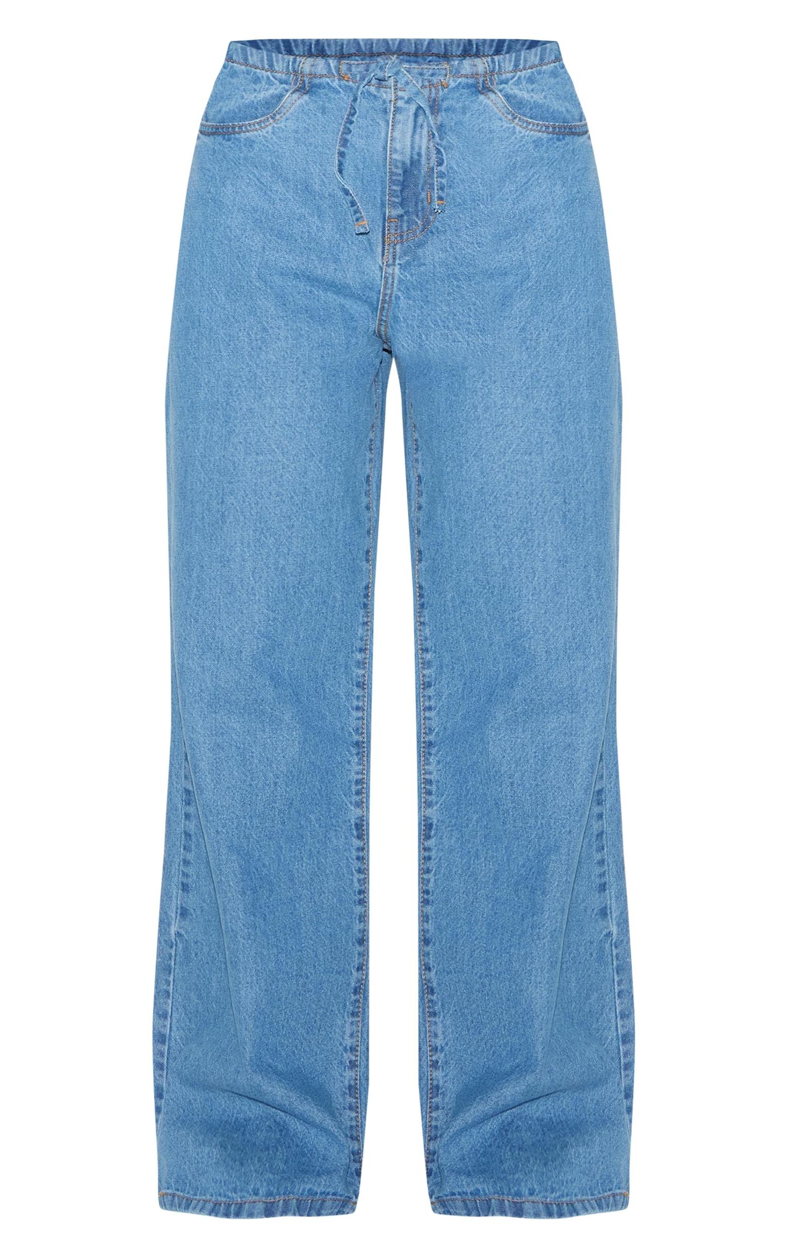 Mid Blue Wash Low Rise Tie Waistband Wide Leg Jeans Product Image