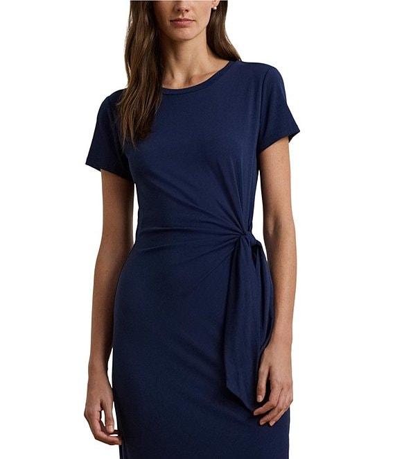 Lauren Ralph Lauren Knit Jersey Round Neck Short Sleeve Tie Front Waist Sheath Dress Product Image