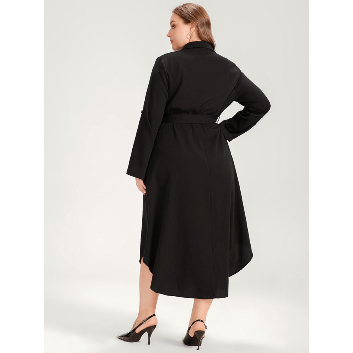 Plus Size Solid Shirt Collar Button Up Belted Arc Hem Dress Black Women Office Belted Shirt collar Long Sleeve Curvy Midi Dress BloomChic 22-24/3X Product Image