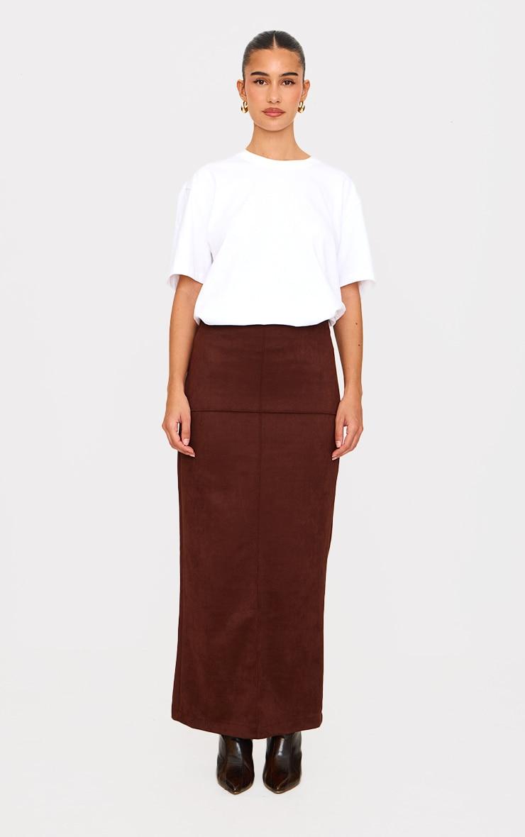 Chocolate Faux Suede Seam Detail Column Maxi Skirt Product Image