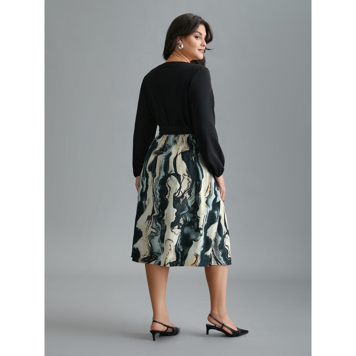 Plus Size Surplice Neck Marble Print Belted Dress Black Women At the Office Belted Overlap Collar Long Sleeve Curvy BloomChic 10/M Product Image