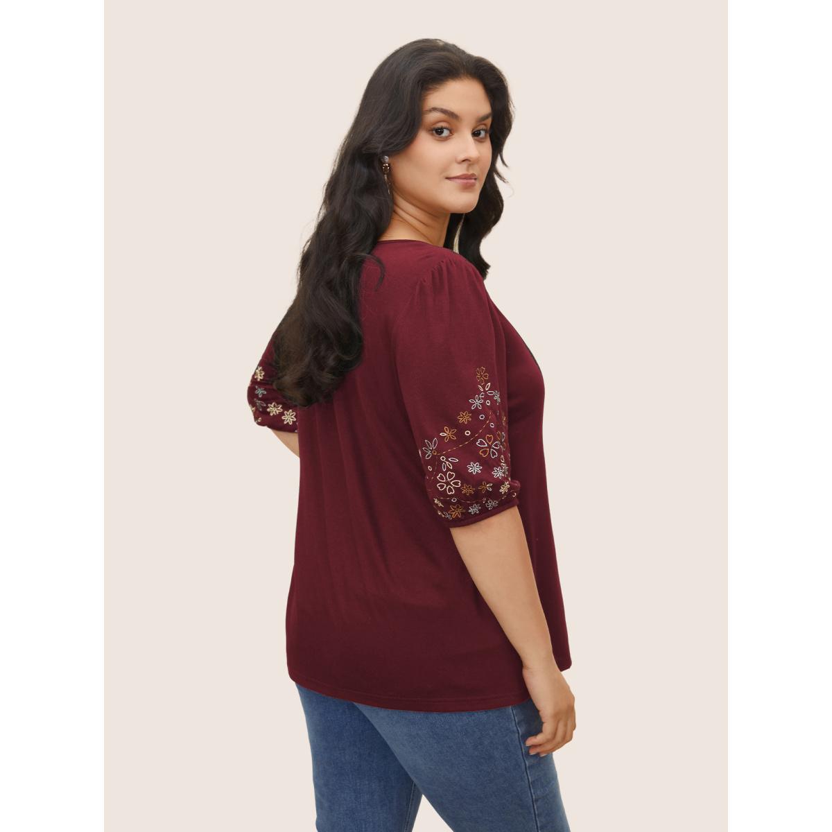 Plus Size Floral Embroidered Crew Neck Puff Sleeve T-shirt Burgundy Women Elegant Embroidered Round Neck Everyday T-shirts BloomChic 12/L Product Image