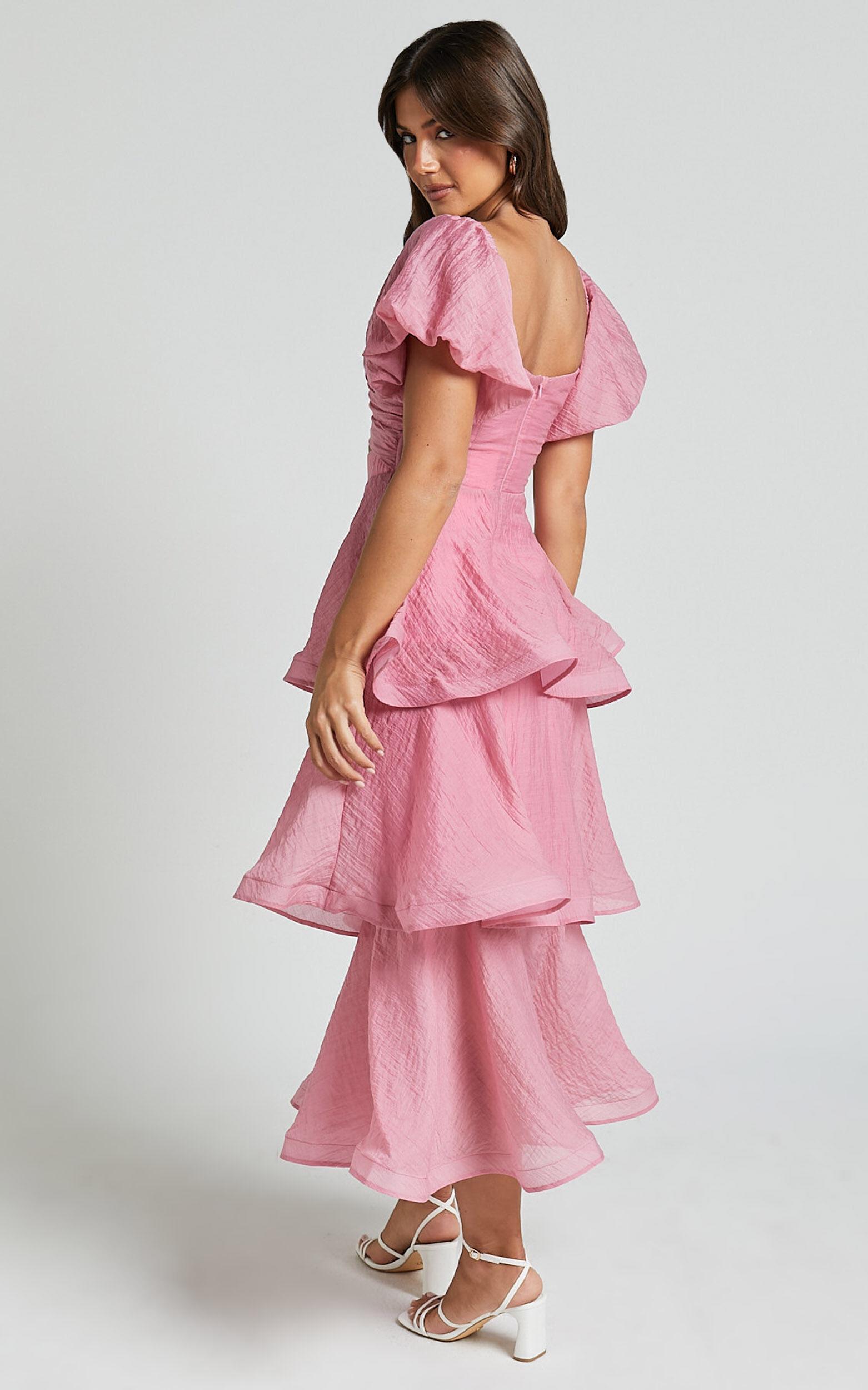 Giselle Midi Dress - Short Puff Sleeve Front Cut Out Layered Dress in Pink Product Image
