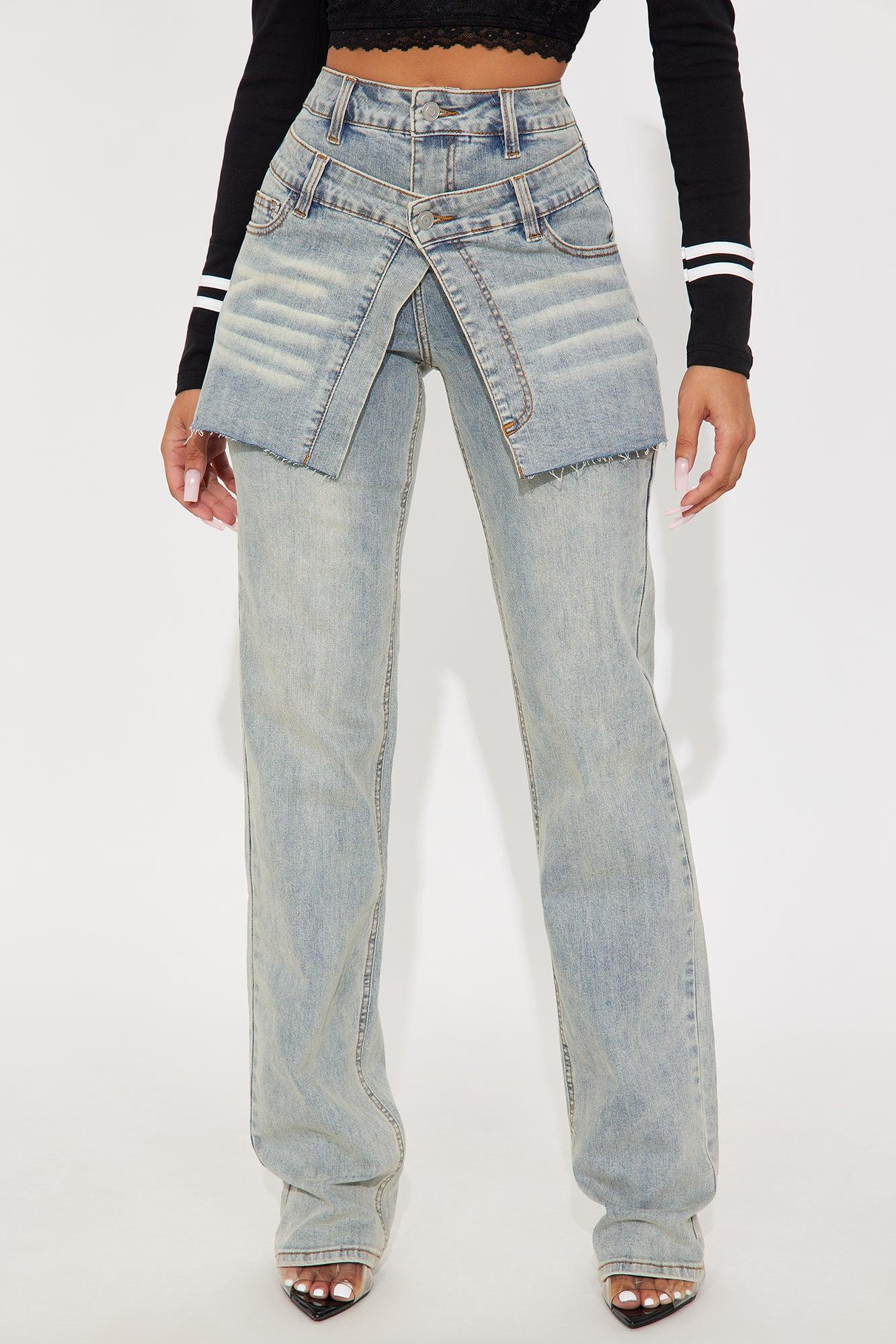 Double Take Skirted Straight Leg Jeans - Vintage Wash Product Image