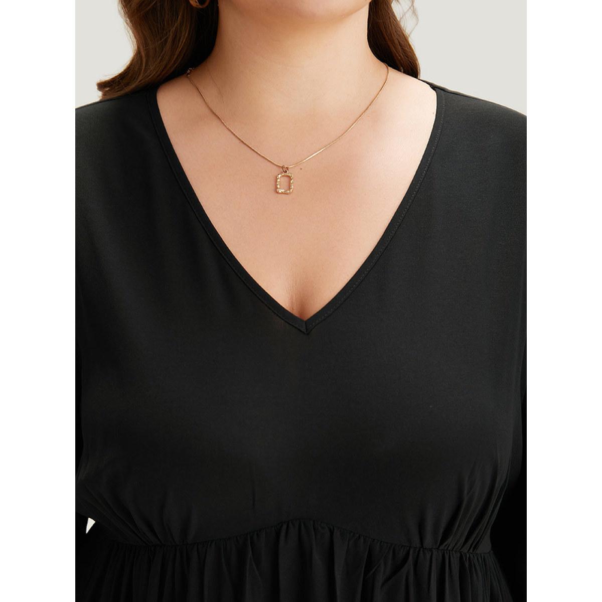 Plus Size Polka Dot Patchwork Floral Knot Pocket Lantern Sleeve Dress Black Women Casual Elastic cuffs V-neck Elbow-length sleeve Curvy Midi Dress BloomChic 12/L Product Image