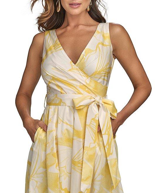 Donna Karan V-Neck Floral Print Cotton Sateen A-Line Midi Dress Product Image