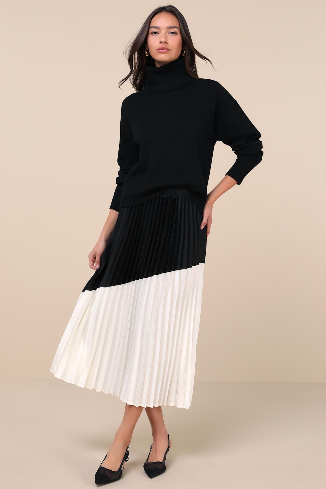 Chic Rarity Black and Ivory Color Block Satin Pleated Midi Skirt Product Image