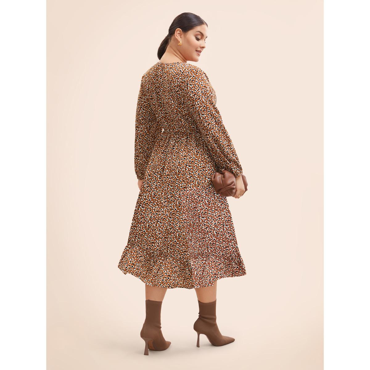 Plus Size Leopard Print Tie Knot Midi Dress Yellowishbrown Women At the Office Tie knot V-neck Long Sleeve Curvy BloomChic 18-20/2X Product Image