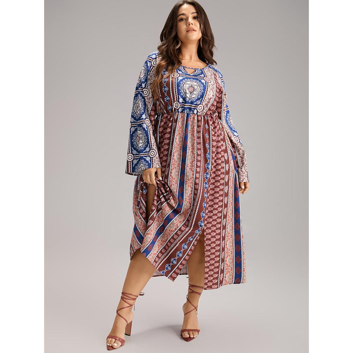 Plus Size Boho Print Keyhole Split Hem Pocket Dress Scarlet Women Vacation Printed Notched collar Long Sleeve Curvy Midi Dress BloomChic 10/M Product Image