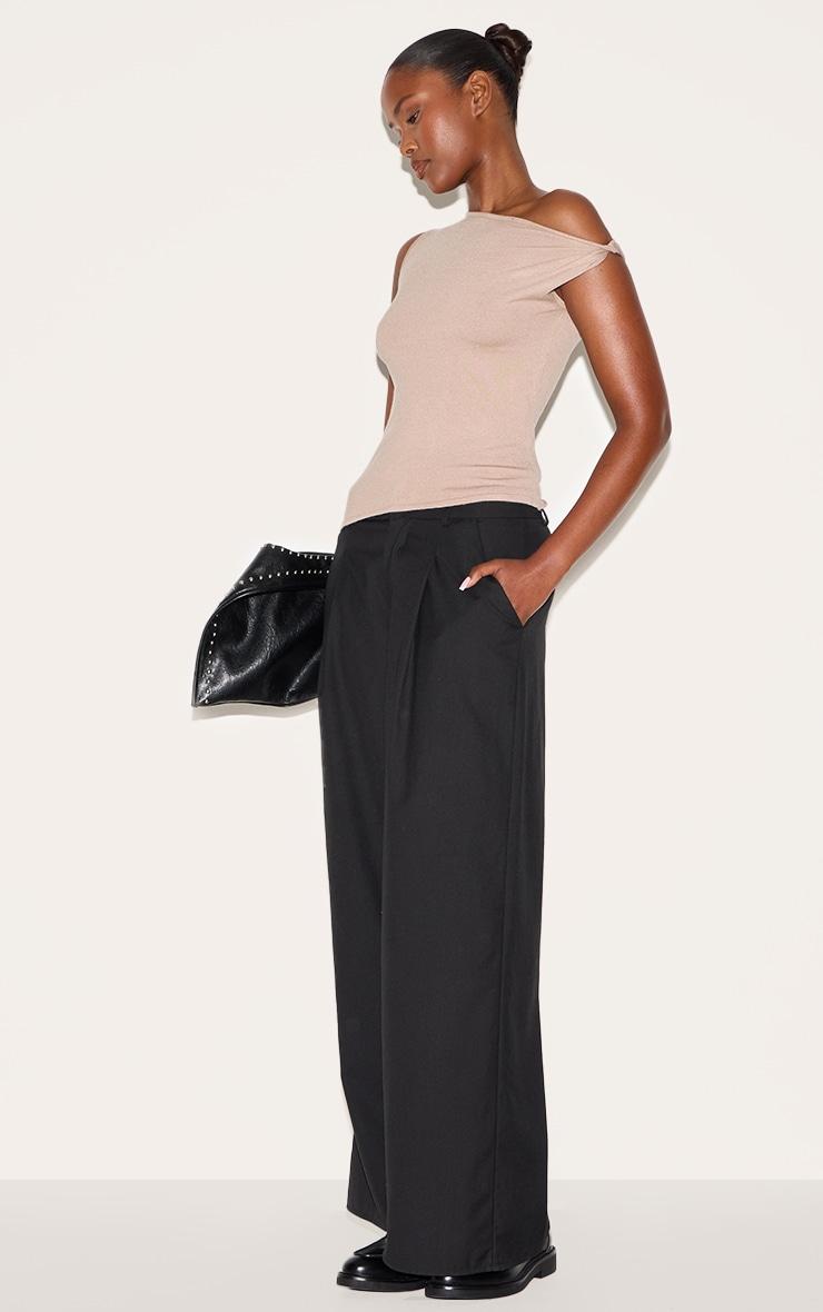  Taupe Basic Knit Asymmetric Hem Twist Sleeve Vest Top Product Image