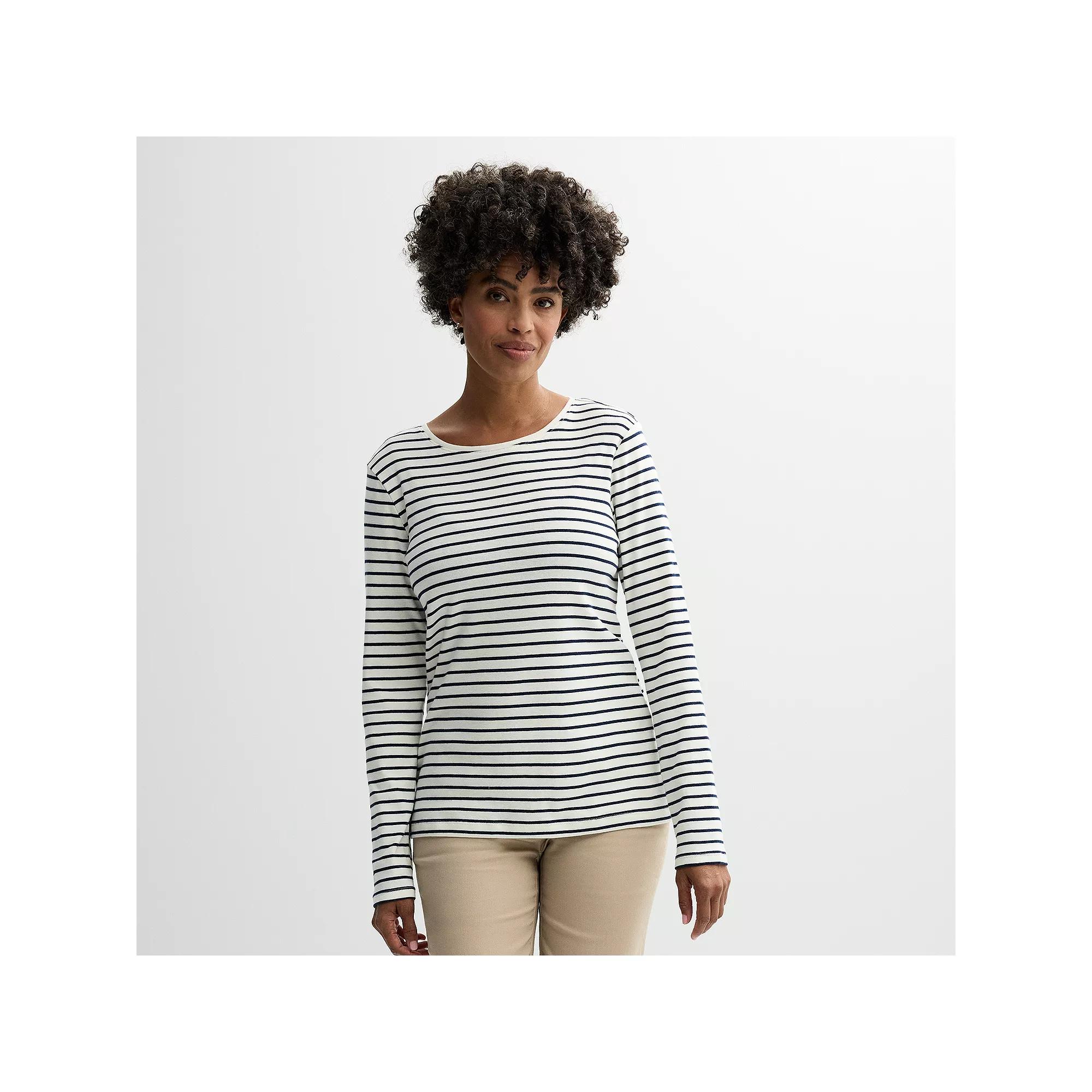 Women's Croft & Barrow® Essential Long-Sleeve Crewneck Tee, Size: XL, Ivory Clean Stripe Product Image