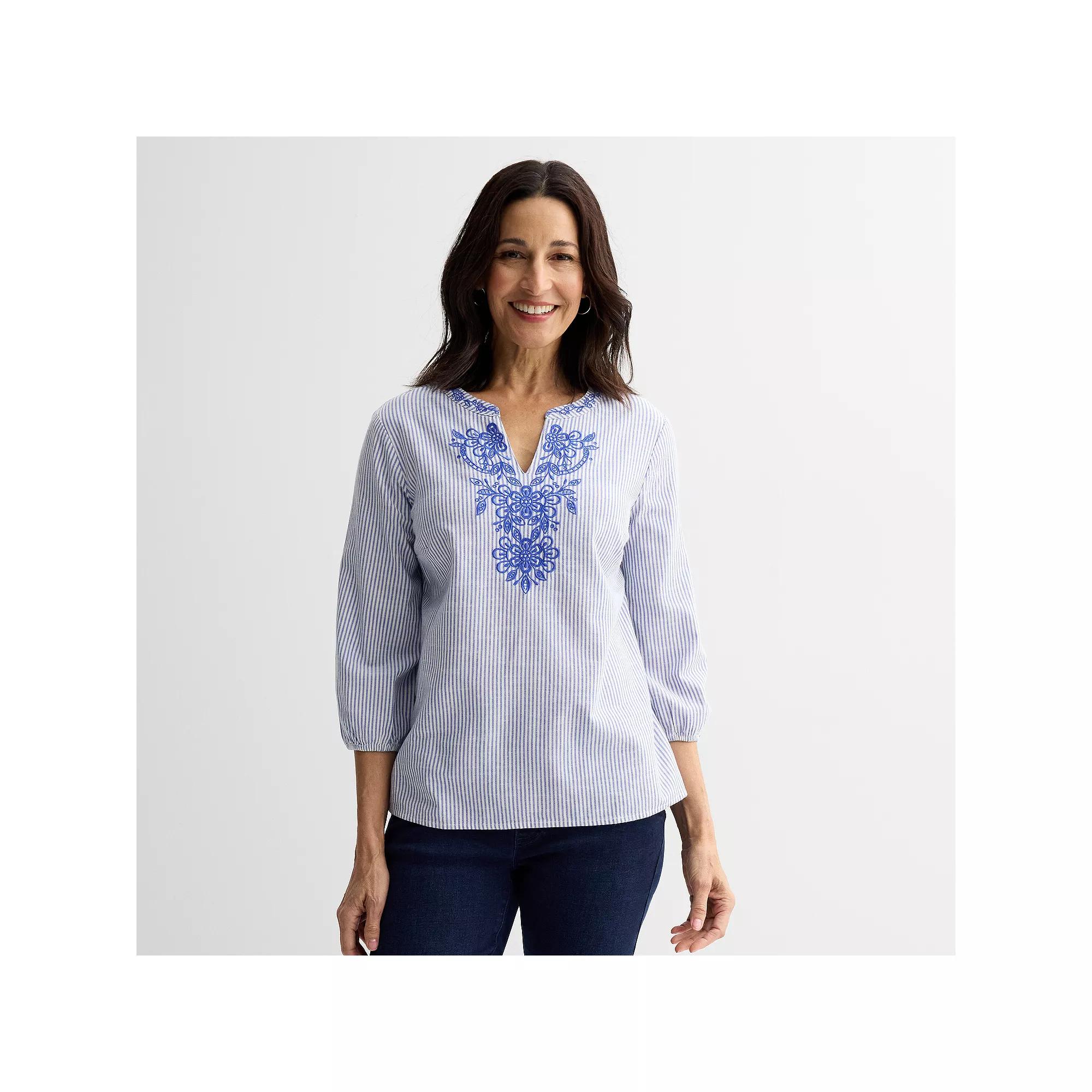 Women's Croft & Barrow® Three Quarter Sleeve Embroidered Blouse, Size: Small, Blue Micro Stripe Product Image
