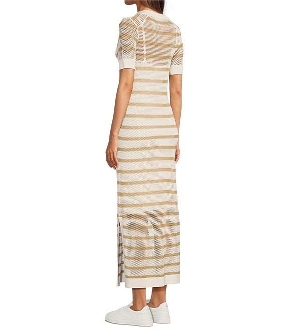 Le' AL.X Stripe Knit Wide Mesh Polo Collar V-Neck Short Sleeve Sheath Maxi Dress Product Image