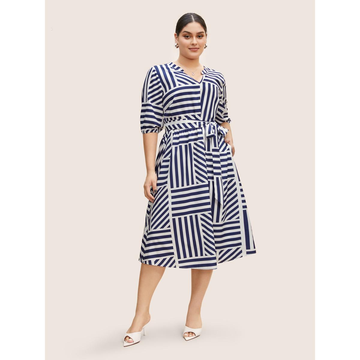 Plus Size Striped Notched Collar Belted Midi Dress DarkBlue Women At the Office Belted Notched collar Half Sleeve Curvy BloomChic 28/5X Product Image