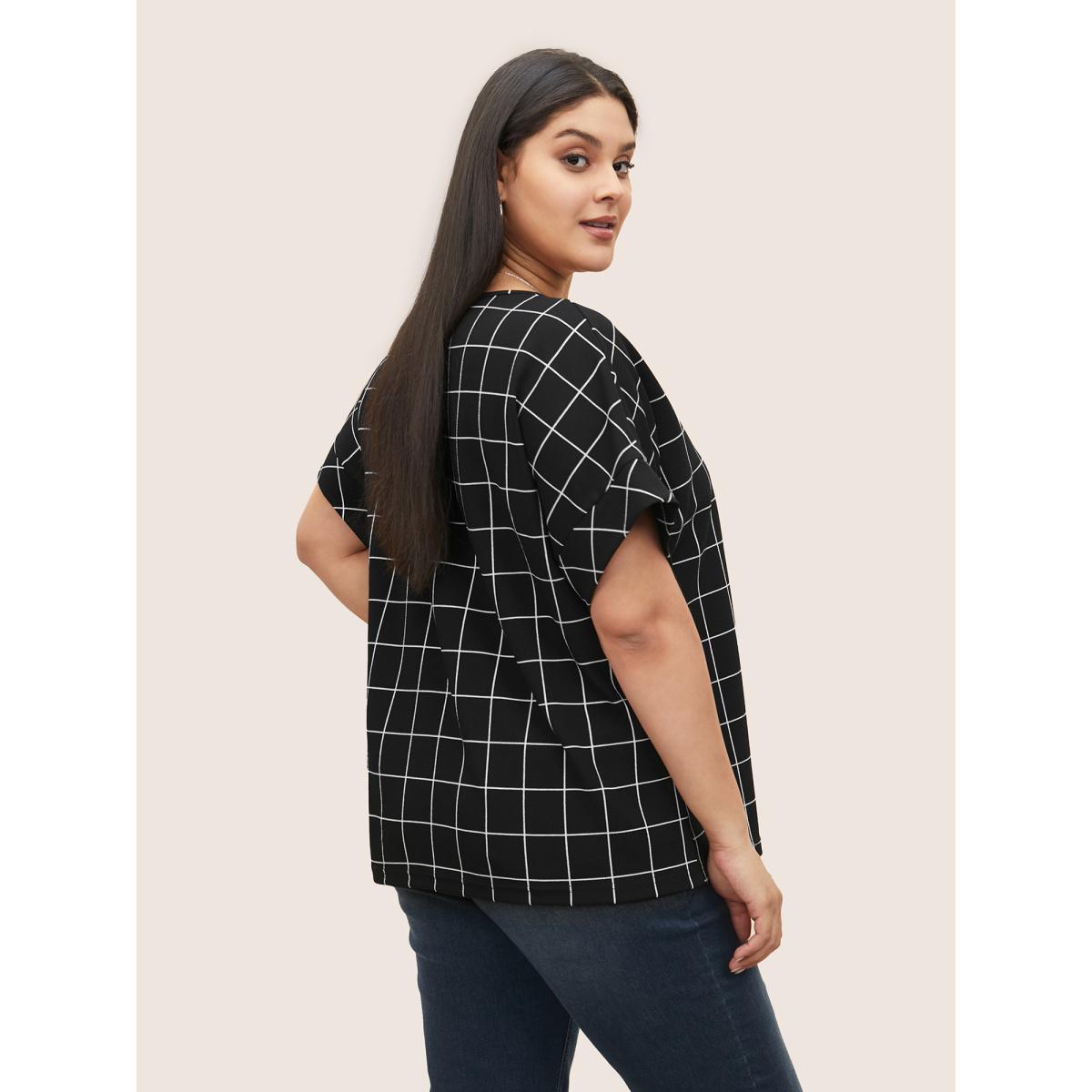 Plus Size Plaid Round Neck Batwing Sleeve T-shirt Black Women Work From Home Round Neck Work T-shirts BloomChic 12/L Product Image