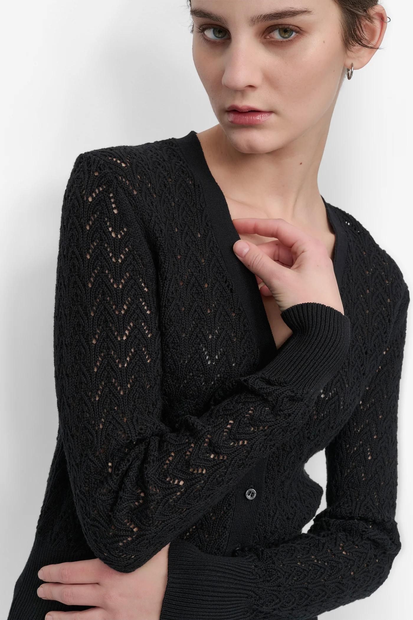 LONG SLEEVE POINTELLE STITCH V NECK CARDIGAN Product Image