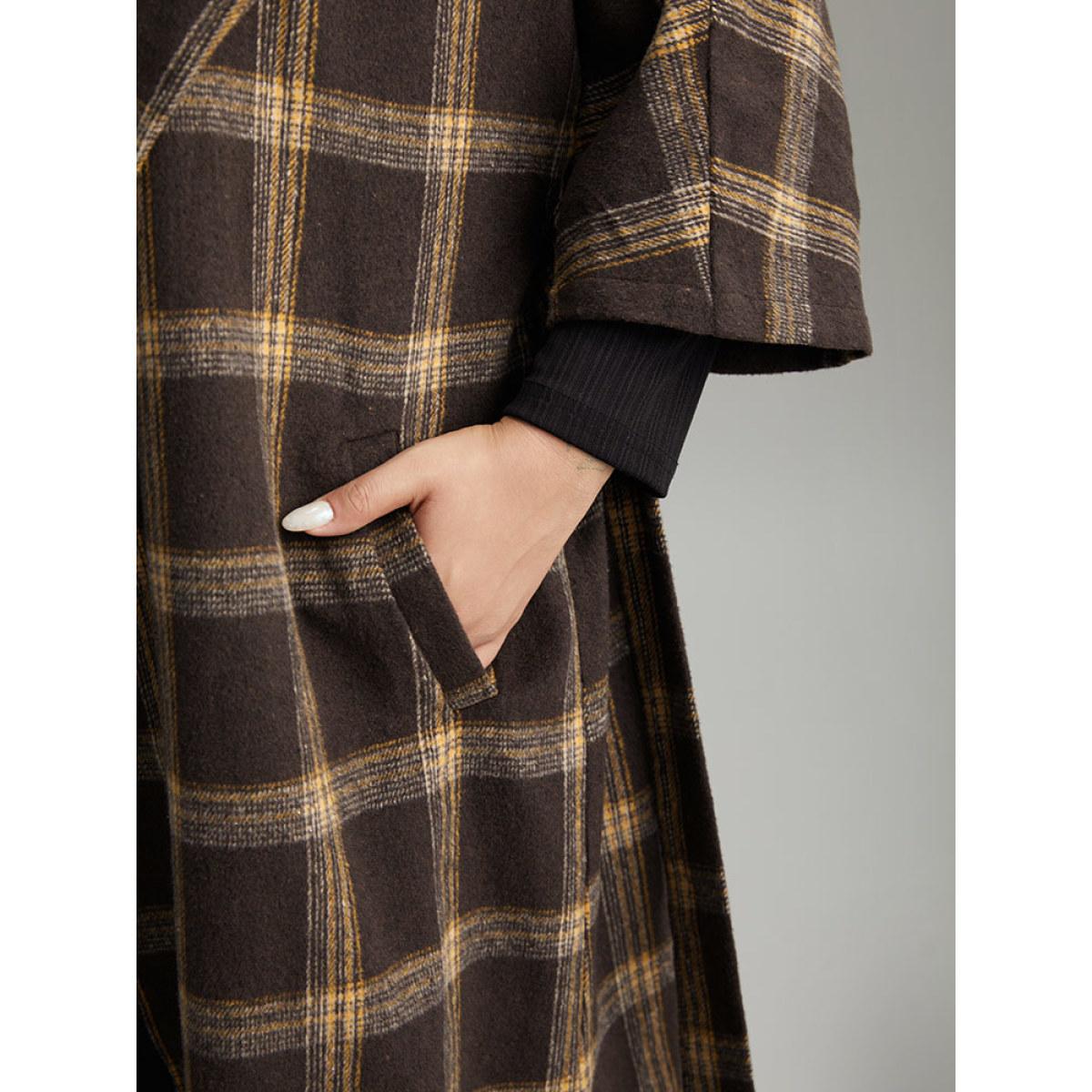 Plus Size Plaid Asymmetrical Neck Dolman Sleeve Belted Coat Women DarkBrown Elegant Belted Ladies Dailywear Winter Coats BloomChic 10/M Product Image