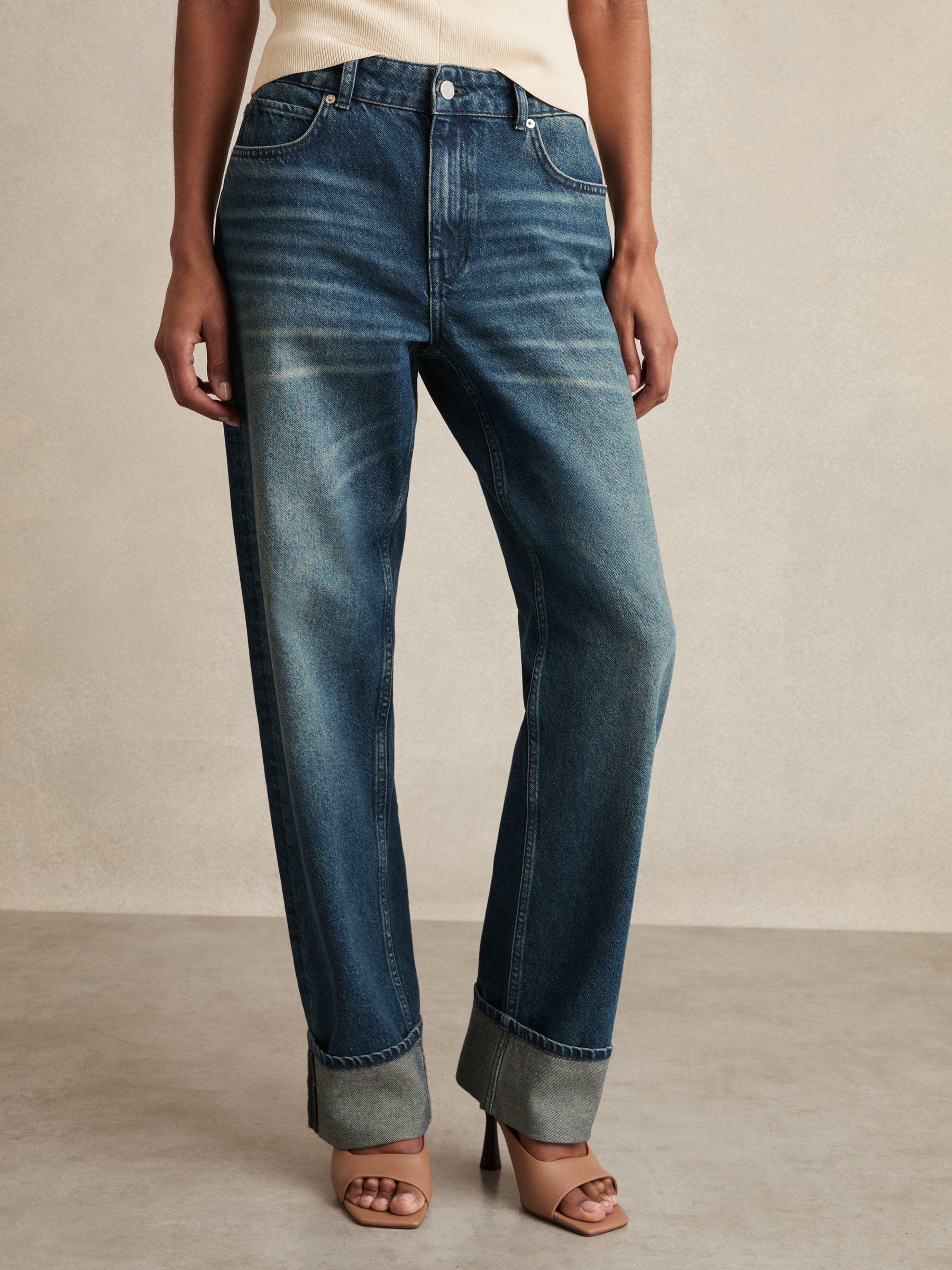 Straight-Leg Turn-Up Jeans in Mid Blue Product Image
