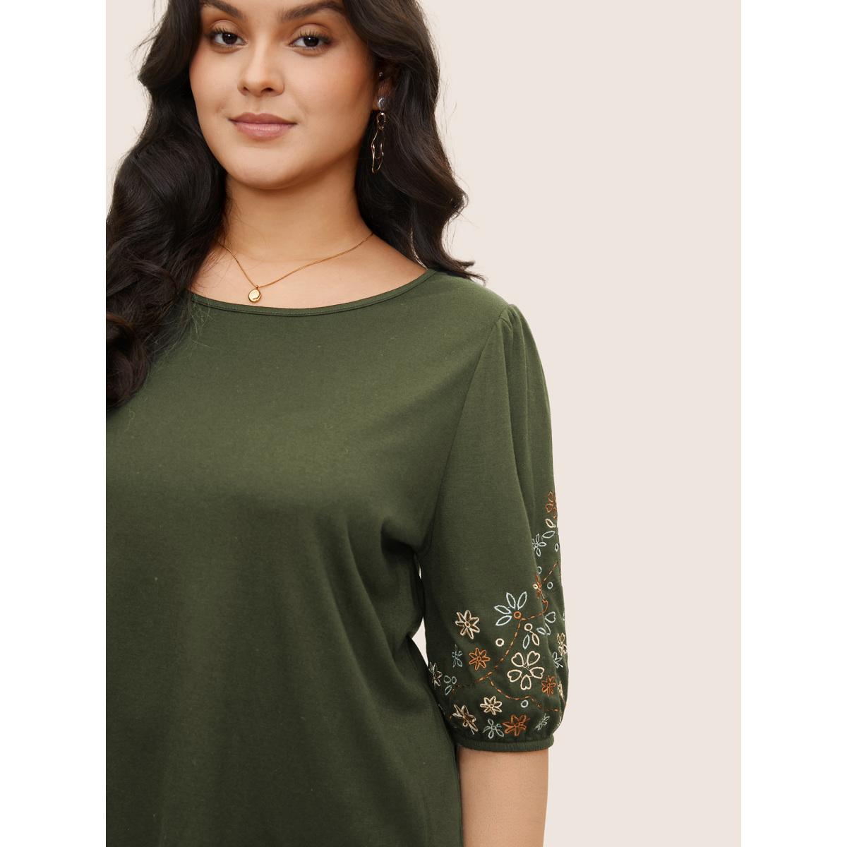 Plus Size Floral Embroidered Crew Neck Puff Sleeve T-shirt ArmyGreen Women Elegant Embroidered Round Neck Everyday T-shirts BloomChic 18-20/2X Product Image