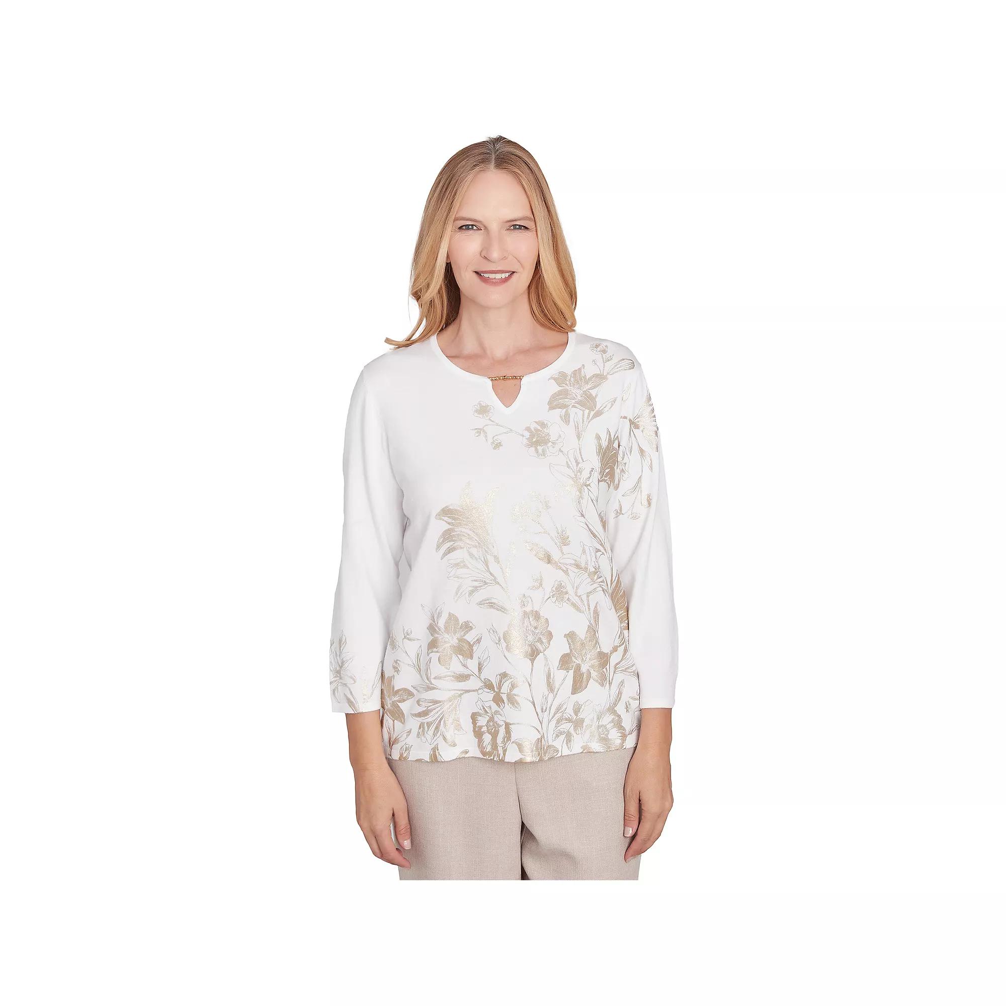 Women's Alfred Dunner Splitneck Botanical Gold Foil Print Sweater,  Product Image