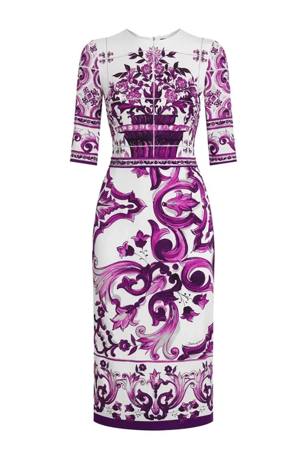 DOLCE & GABBANA Violet Crewneck Dress With Rear Zip Closure And All-over Floral Print In Silk Stretch Woman In Purple Product Image