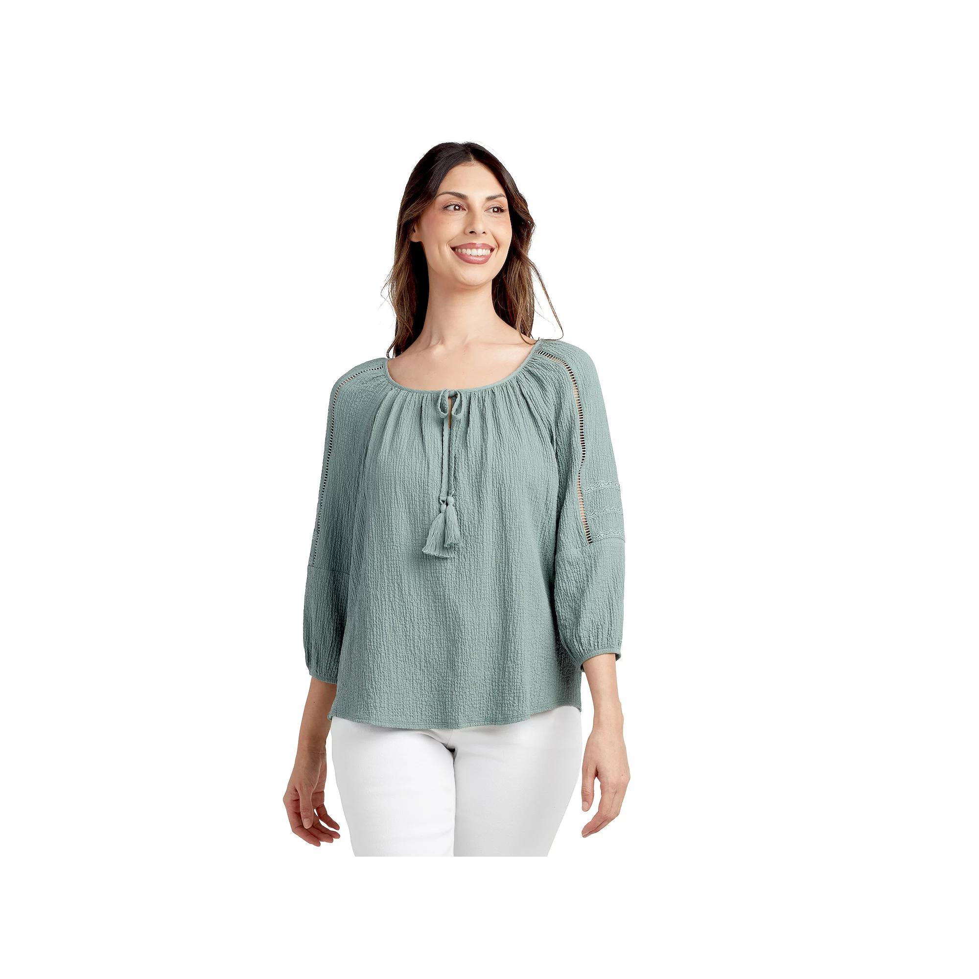 Womens AB Studio Lace Trim Peasant Top Green Product Image