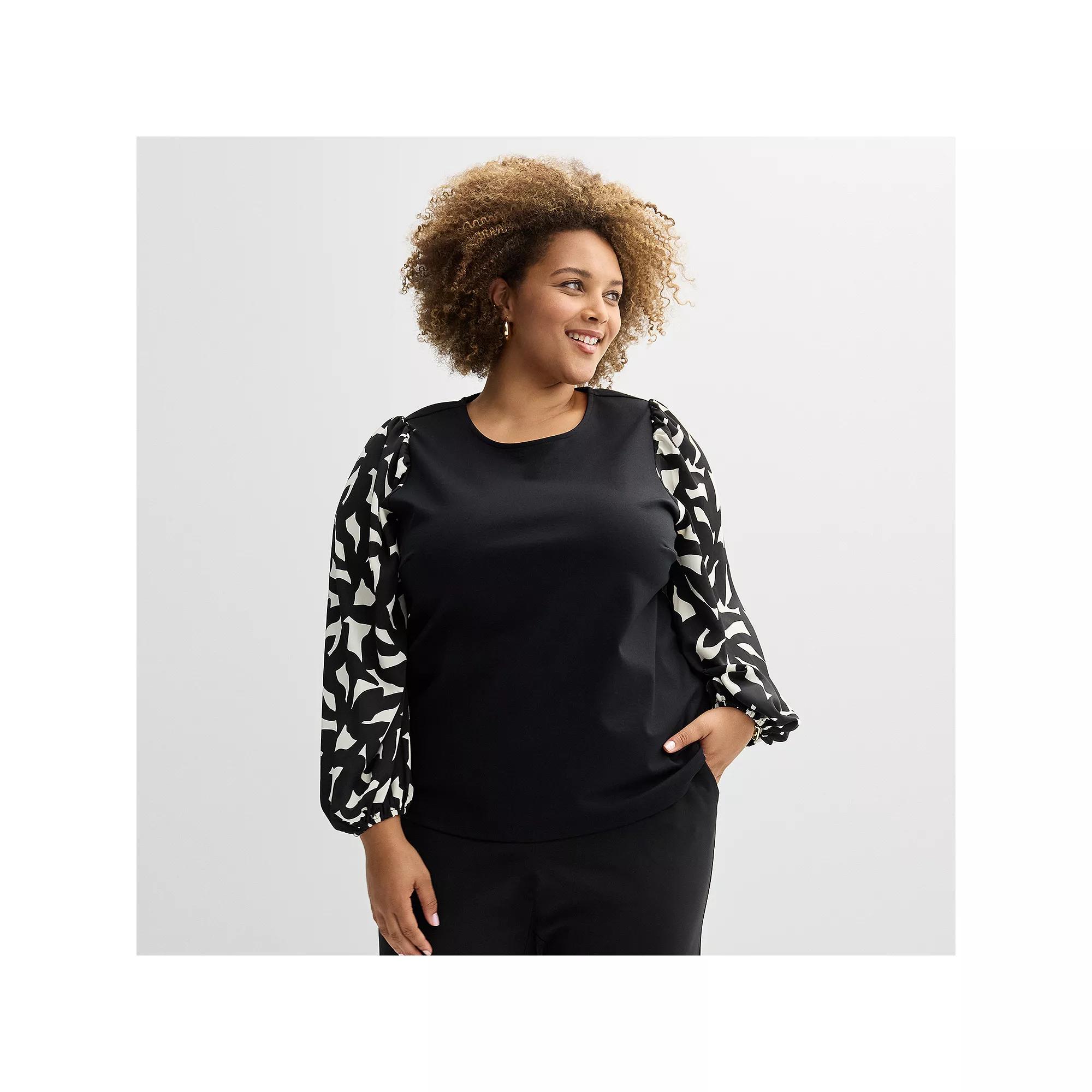 Plus Size Nine West Mixed Long Puff Sleeve Crewneck Top, Women's, Size: 2XL, Black Bold Leaf Product Image