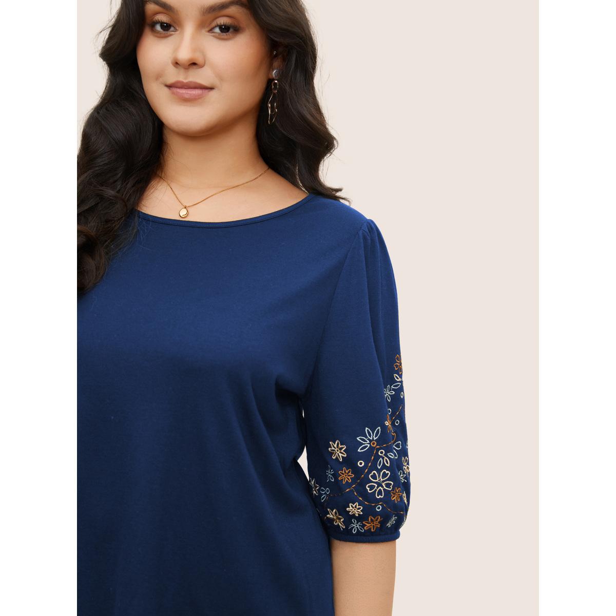 Plus Size Floral Embroidered Crew Neck Puff Sleeve T-shirt Indigo Women Elegant Embroidered Round Neck Everyday T-shirts BloomChic 10/M Product Image