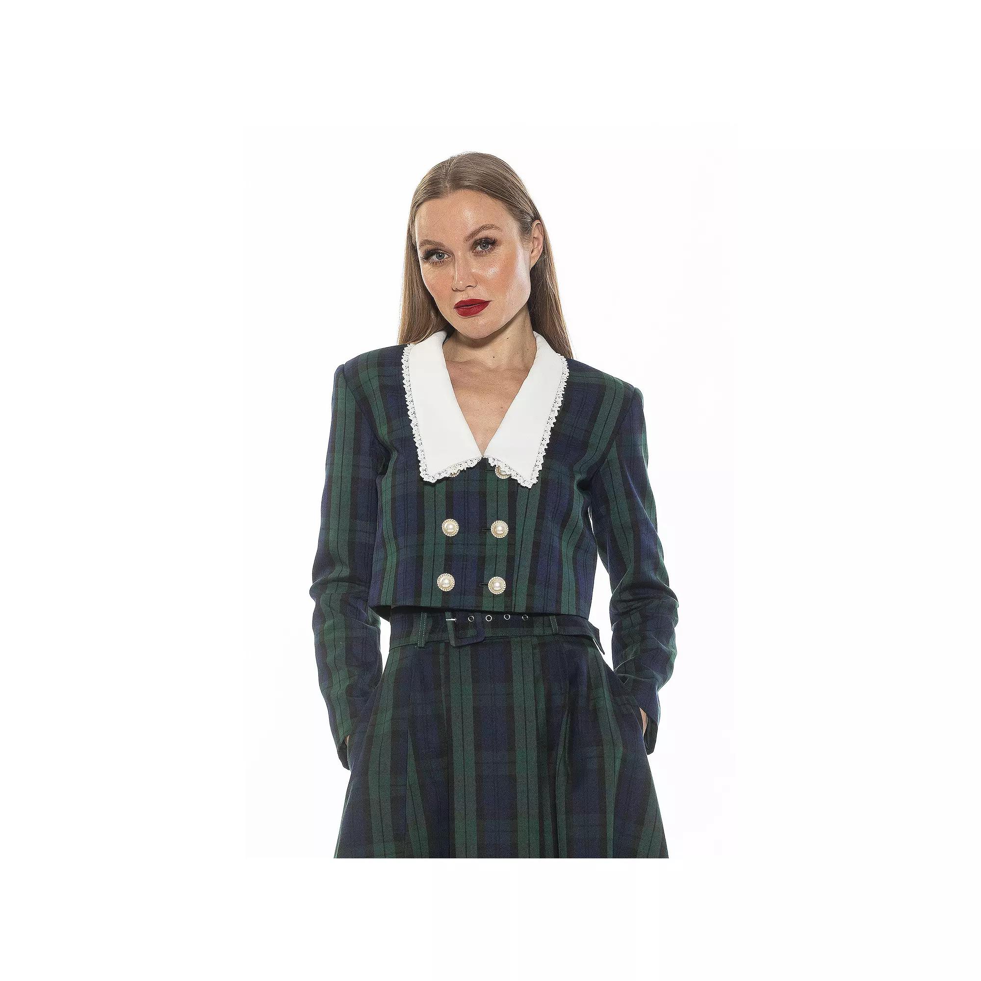 Women's ALEXIA ADMOR Aurelia Drop Lace Collar Cropped Plaid Jacket, Size: 4, Green Plaid Product Image