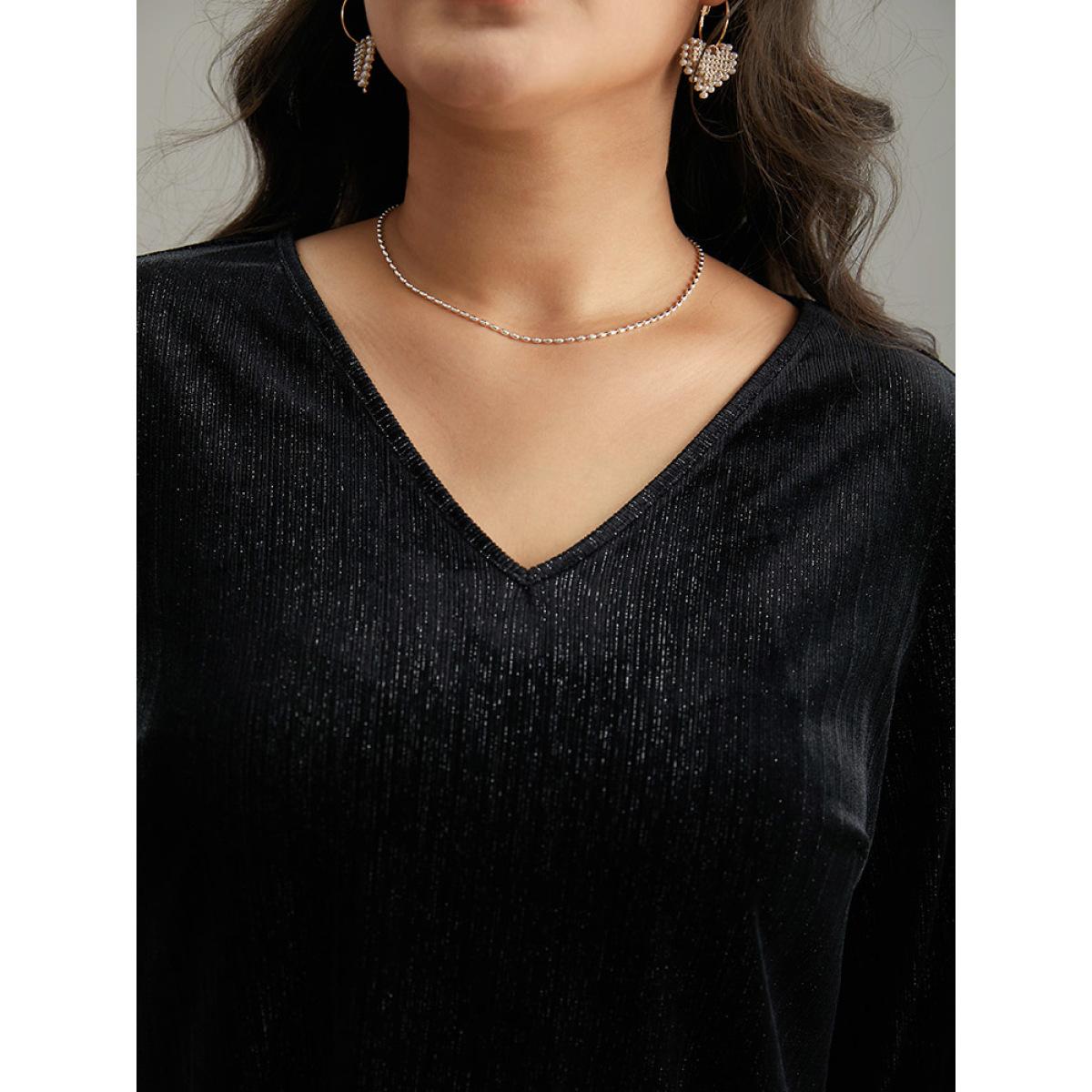 Plus Size Black Solid Velvet Glitter Shirred Ruffles Blouse Women Glamour Long Sleeve V-neck Going out Blouses BloomChic 22-24/3X Product Image