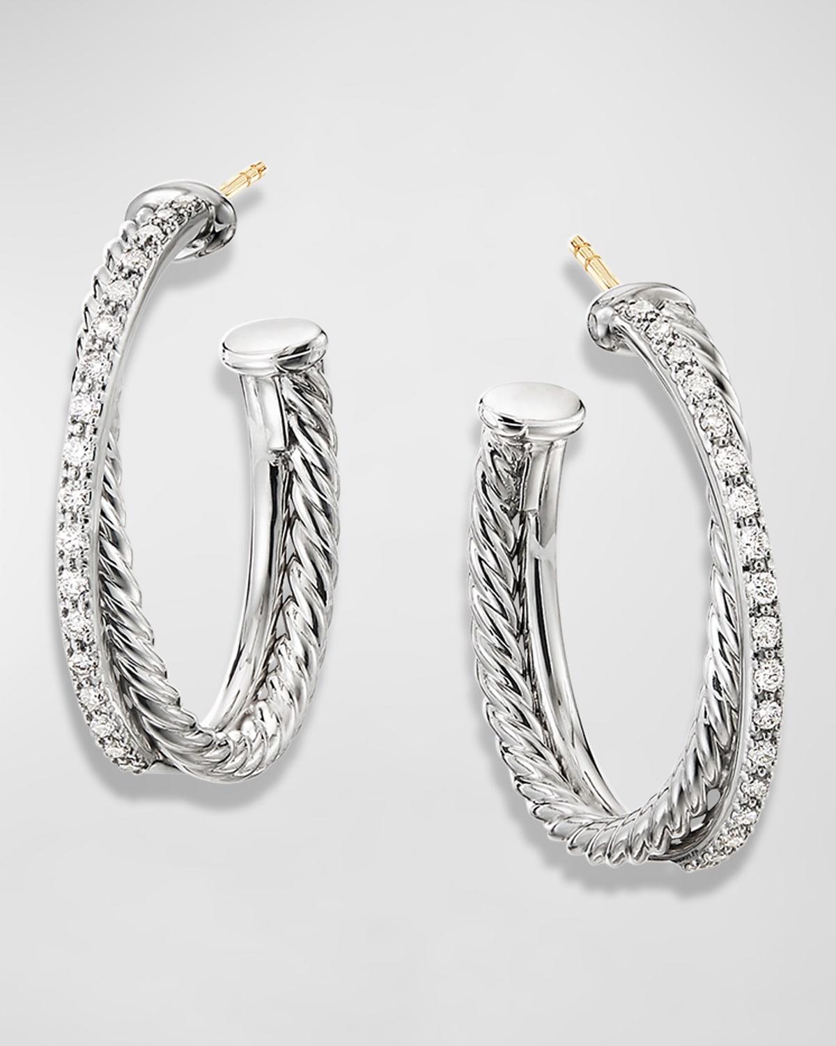 Womens Crossover Hoop Earrings in Sterling Silver with Diamonds, 26.5mm Product Image