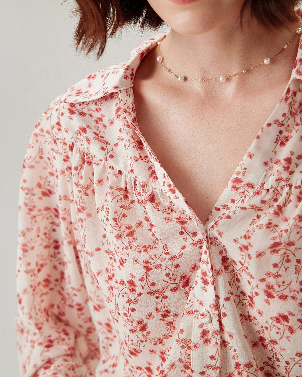 Red Floral Ruched Shirt Product Image