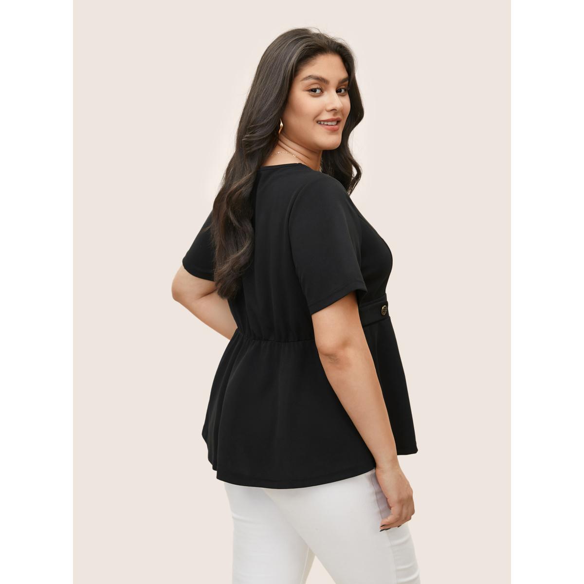 Plus Size Black Square Neck Waist Tab Gathered Blouse Women Workwear Essentials Short sleeve Square Neck Work Blouses BloomChic 10/M Product Image