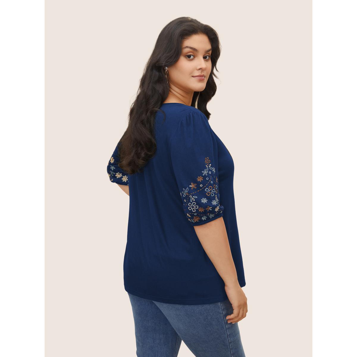 Plus Size Floral Embroidered Crew Neck Puff Sleeve T-shirt Indigo Women Elegant Embroidered Round Neck Everyday T-shirts BloomChic 10/M Product Image