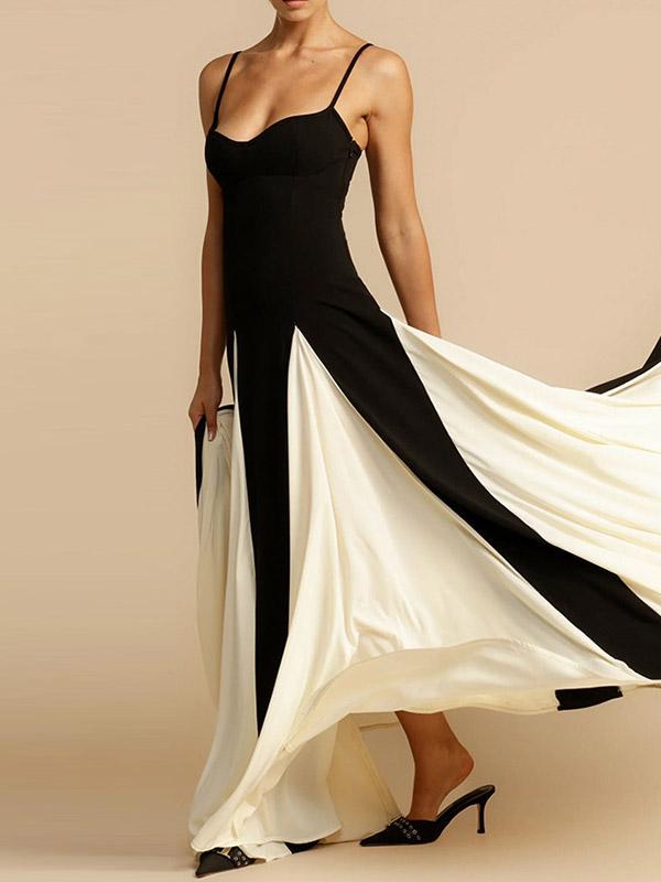A-Line Sleeveless Contrast Color Pleated Split-Joint Spaghetti-Neck Evening Dresses Maxi Dresses Product Image