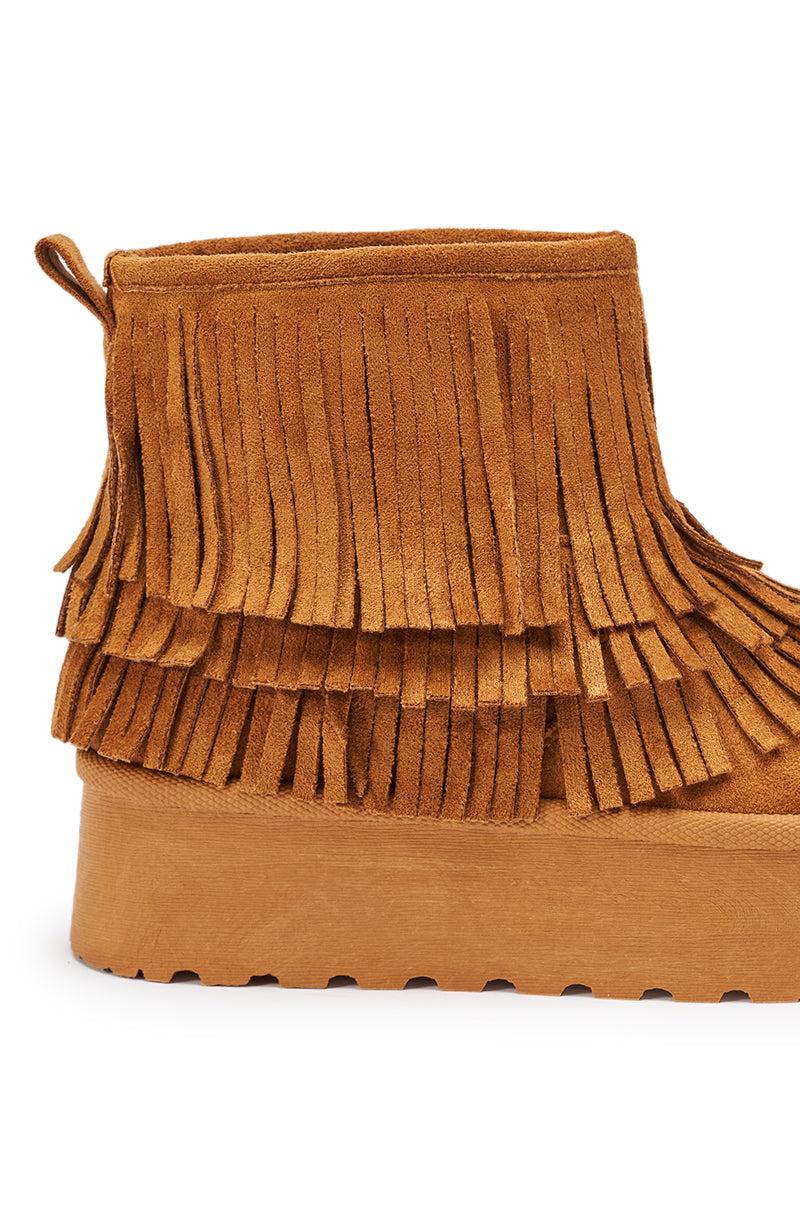AKIRA BROWN FAUX SUEDE FRINGE BOOTIE Product Image