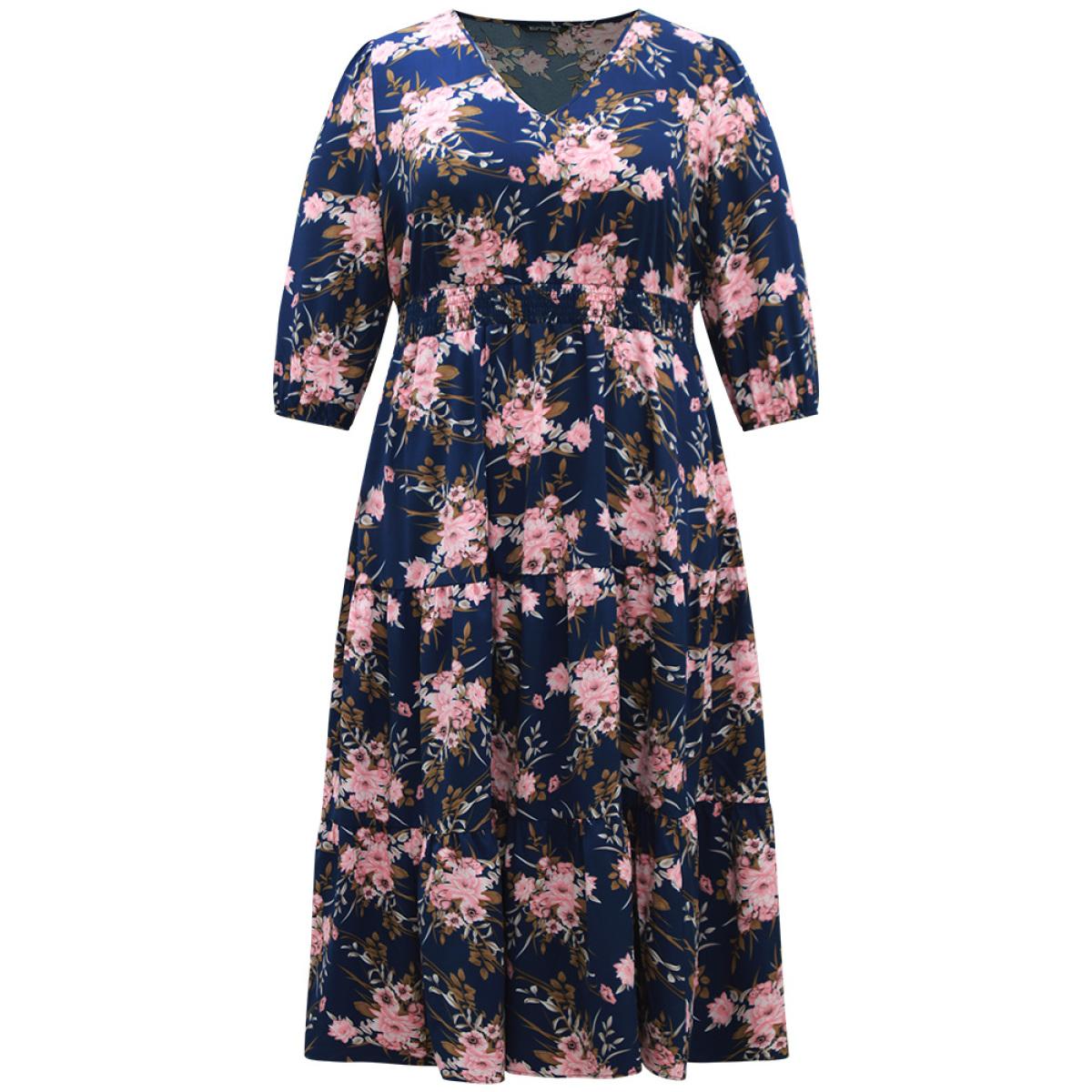 Plus Size Floral Print Shirred Elastic Cuffs Dress DarkBlue Women Elegant Pocket V-neck Elbow-length sleeve Curvy Midi Dress BloomChic 12/L Product Image
