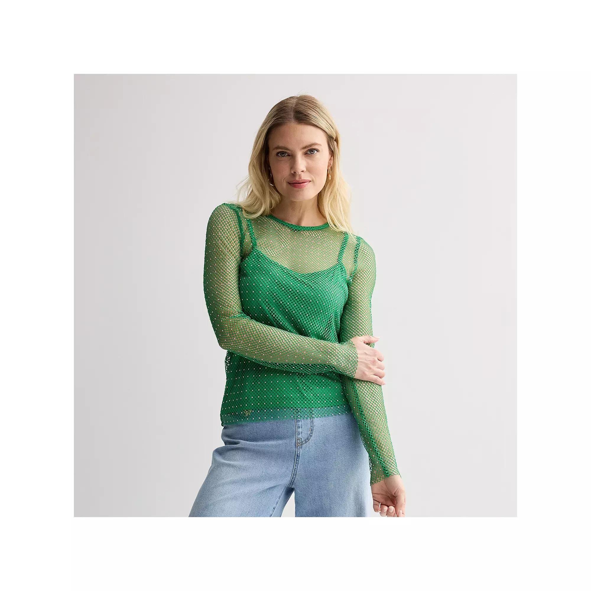 Women's INTEMPO™ Rhinestone Mesh Top, Size: Small, Green Product Image