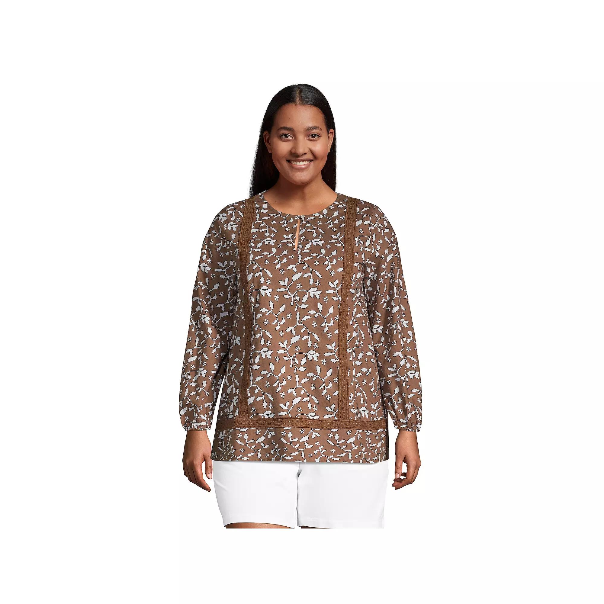 Plus Size Lands' End Poplin Splitneck Tunic Top, Women's, Size: 1XL, Allspice Floral Leaf Product Image